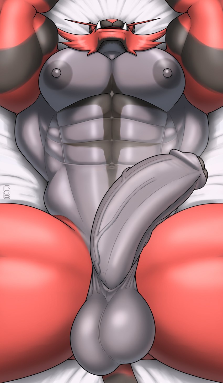 abs anthro balls big_balls big_muscles big_pecs big_penis foreskin fur genitals grey_body grey_fur huge_muscles huge_penis humanoid_genitalia humanoid_penis lying male muscular nude oblqiues on_back pecs penis red_body red_fur solo vein veiny_penis solard0gg0 nintendo pokemon felid generation_7_pokemon incineroar mammal pokemon_(species) absurd_res hi_res