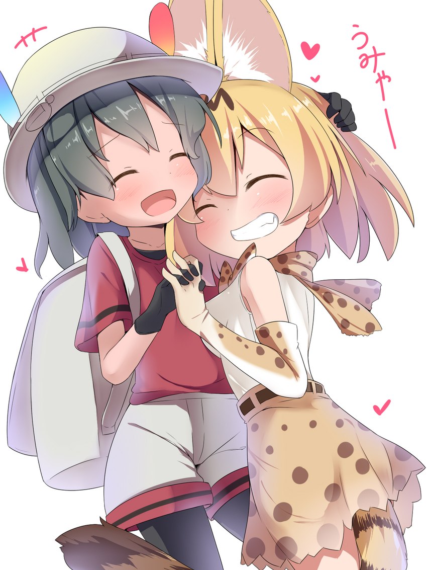 adolescent backpack blush bottomwear bow_tie clothed clothing duo feathers female female/female gloves handwear hat headgear headwear hug skirt tail tail_under_skirt young makuran kemono_friends kaban-chan serval-chan felid feline human mammal serval 3:4 hi_res