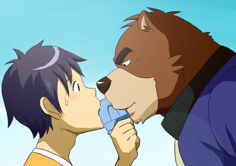 awkward blush bodily_fluids brown_body brown_fur clothing coat dessert dripping duo eating food fur hair ice_cream male popsicle popsicle_melting purple_hair sweat sweatdrop topwear kumadasi morenatsu hiroyuki_(morenatsu) juuichi_mikazuki bear black_bear human mammal moon_bear ursine 2012