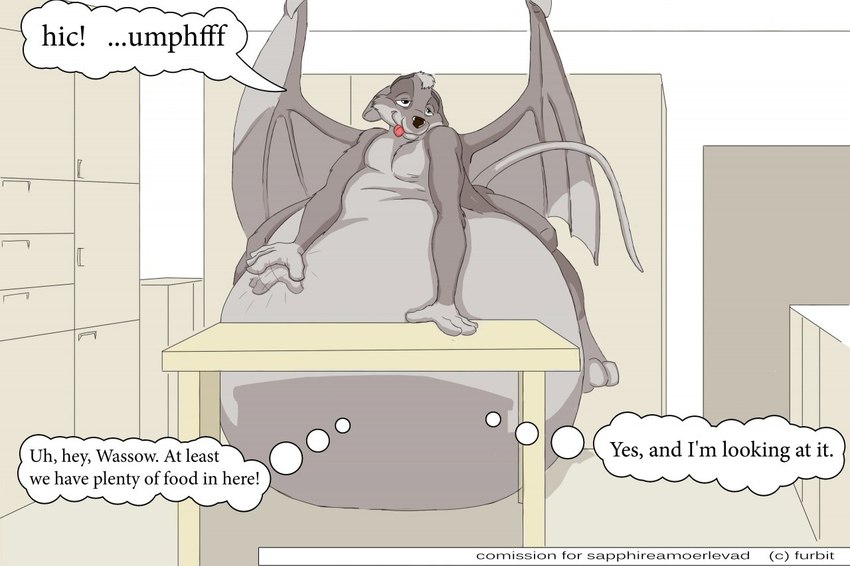 3_toes 4_fingers anthro belly belly_expansion big_belly black_nose bloated dialogue expansion feet fingers fully_inside fur furniture grey_belly grey_body grey_fur group half-closed_eyes hand_on_table hiccuping huge_belly hyper hyper_belly leaning_on_table lidded_eyes long_tail looking_pleasured lying male male_pred name_drop name_in_dialogue narrowed_eyes on_front onomatopoeia patting_belly puffy_speech_bubble red_tongue sound_effects speech_bubble stuffing table tail text toes tongue tongue_out trio vore weight_gain wings faf bobskunk sapphireamoerlevad wassow bat mammal 2009 digital_media_(artwork) english_text