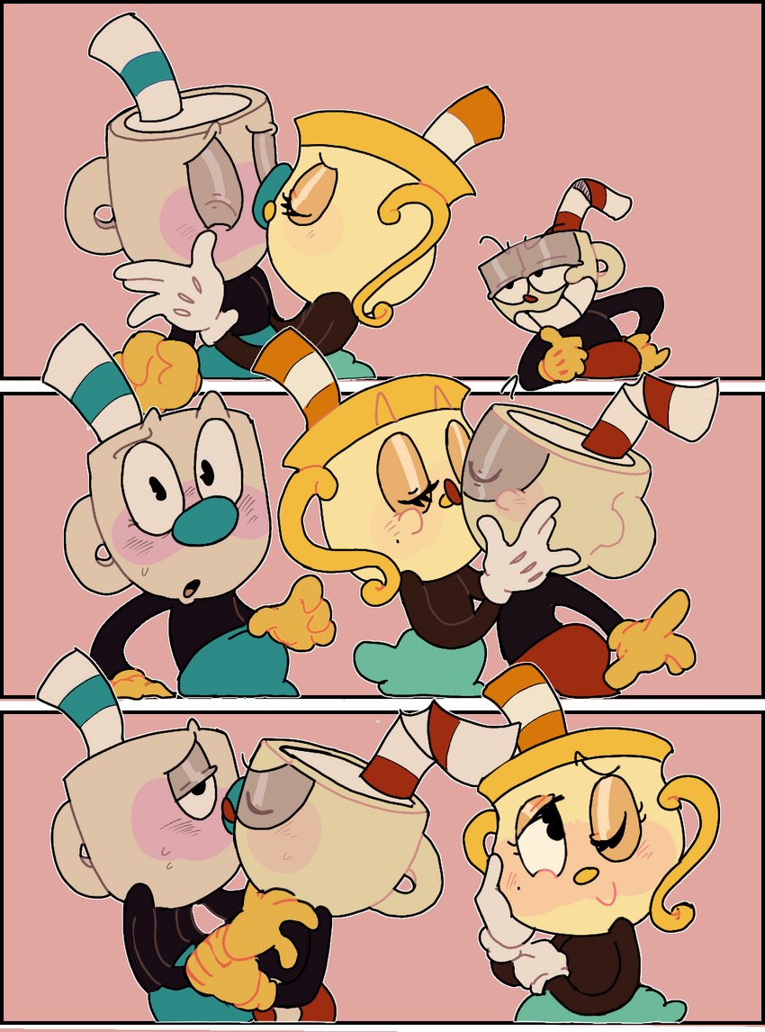 anthro bisexual bottomwear clothing female for_a_head glistening_eyelids gloves group group_kissing handwear kiss_on_lips kissing male male/female male/male mole_under_eye polyamory shorts skirt trio moraaaaaaa cuphead_(game) ot3_kiss_(meme) cuphead_(character) ms._chalice mugman animate_inanimate humanoid object_head comic digital_media_(artwork) hi_res meme brother_(lore) brothers_(lore) incest_(lore) sibling_(lore)