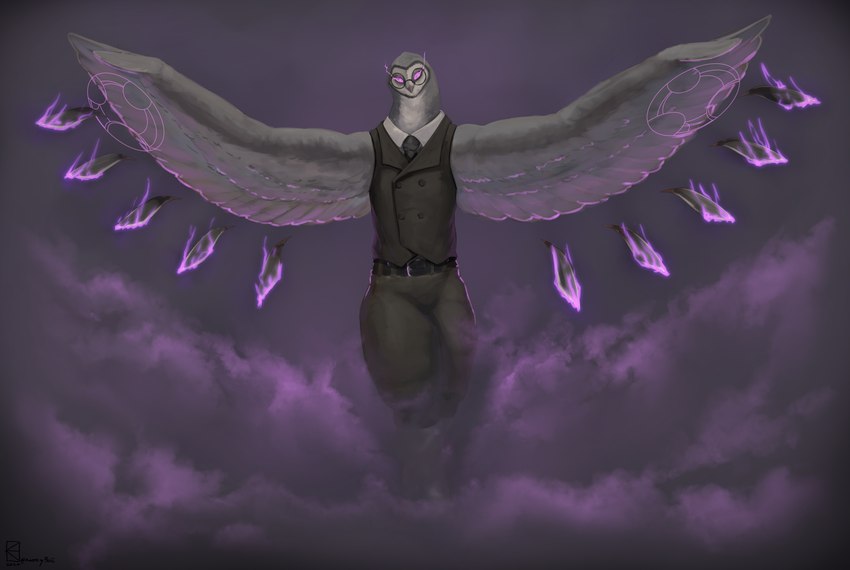 ambiguous_gender anthro beak belt bottomwear clothed clothing eyewear feathers glasses grey_wings magic magic_user necktie pants purple_aura purple_eyes simple_background solo spread_wings topwear vest wings kazzyboii feathers_(kazzyboii) avian bird owl sooty_owl tyto tytonid absurd_res hi_res nonbinary_(lore)