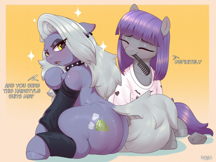 butt clothing collar cutie_mark dialogue duo eyebrows eyelashes eyes_closed female mouth_hold semi-anthro spiked_collar spikes text redvais friendship_is_magic hasbro my_little_pony limestone_pie_(mlp) maud_pie_(mlp) earth_pony equid equine horse mammal pony . 2024 4:3 absurd_res digital_media_(artwork) english_text hi_res sibling_(lore) sister_(lore)