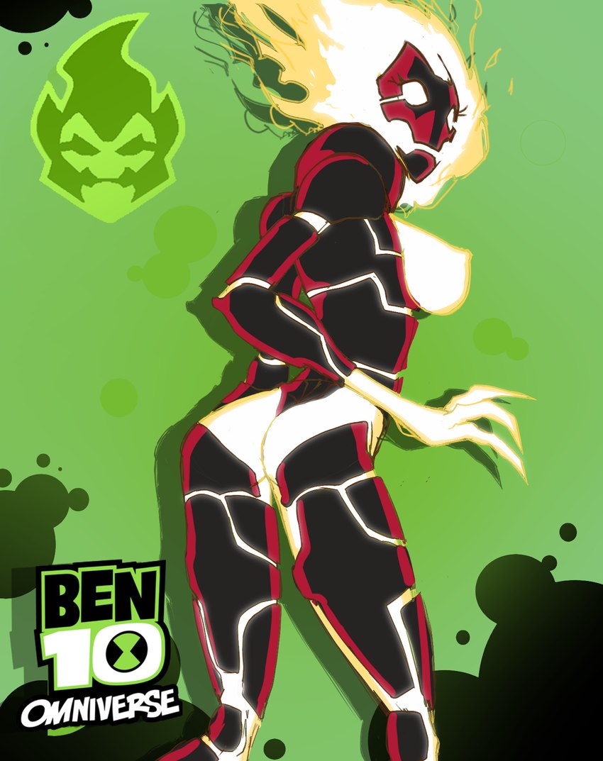 big_breasts big_butt breasts butt butt_pose claws eyelashes female fire green_background nipples not_furry pose simple_background solo standing yellow_body naut_mikro ben_10 cartoon_network heatblast alien alien_humanoid elemental_creature elemental_humanoid fire_creature fire_humanoid humanoid pyronite hi_res