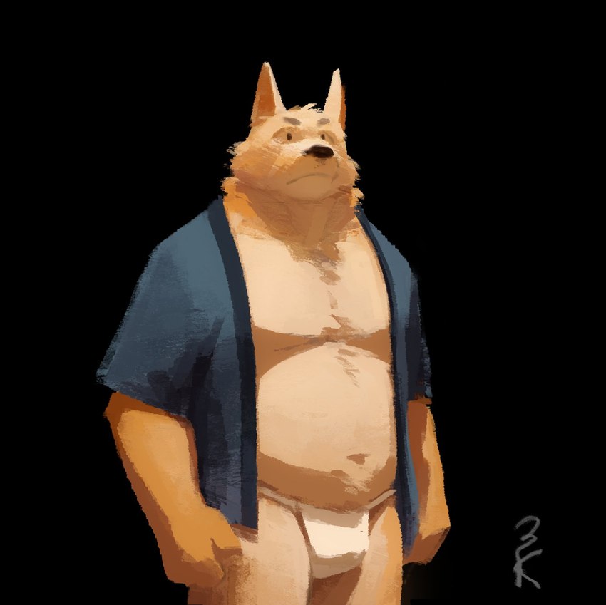 anthro asian_clothing bottomwear clothing east_asian_clothing fundoshi fur japanese_clothing loincloth male multicolored_body multicolored_fur musclegut muscular solo two_tone_body two_tone_fur underwear yellow_body yellow_fur 3000vnd canid canine canis domestic_dog mammal hi_res