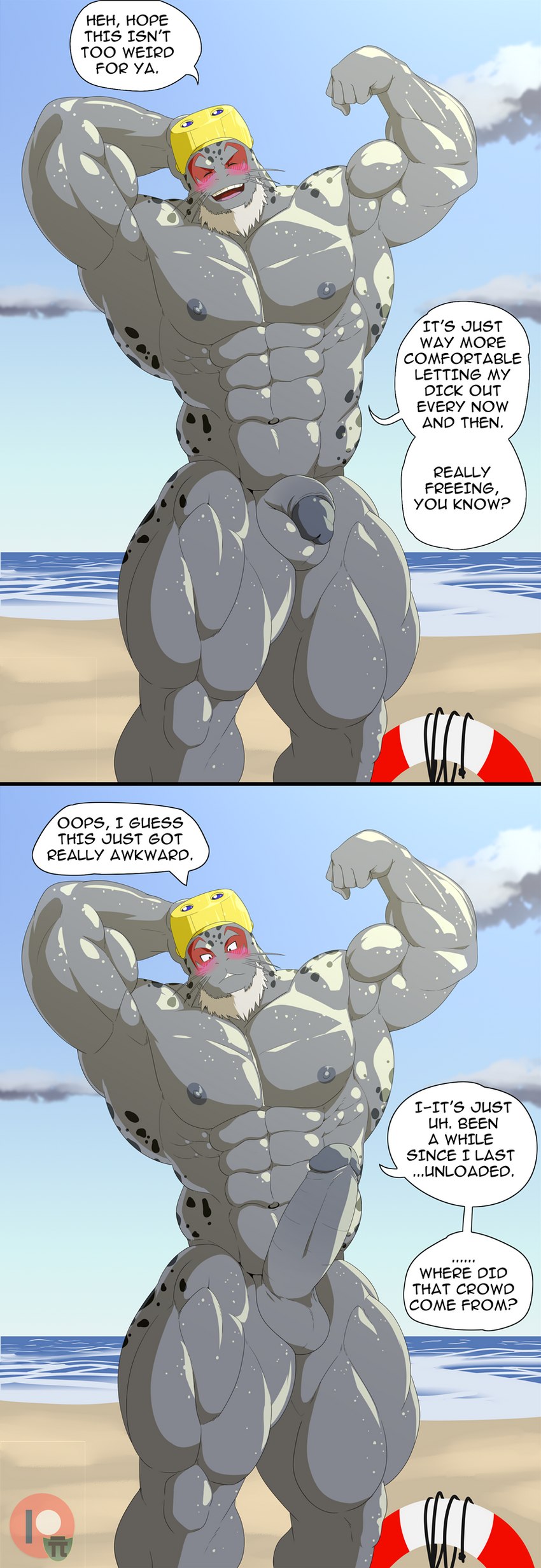 abs anthro beard biceps blush dialogue erection eyewear facial_hair flexing genitals goggles grey_body humanoid_genitalia humanoid_penis male muscular muscular_anthro muscular_male nipples pecs penis smile solo superhero teeth text wet white_beard white_facial_hair geng my_hero_academia selkie_(my_hero_academia) mammal marine absurd_res english_text hi_res