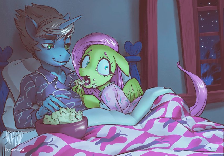 anthro bed biped clothed clothing duo eating female food furniture hair horn inside long_hair male male/female mane night open_mouth pink_hair pink_mane popcorn raised_tail scared short_hair tail text under_covers unicorn_horn watching_movie wings ladydino friendship_is_magic hasbro my_little_pony mythology fluttershy_(mlp) ropetrick_(wormwally) equid equine horse mammal mythological_creature mythological_equine pegasus pony unicorn 2024 artist_name english_text signature