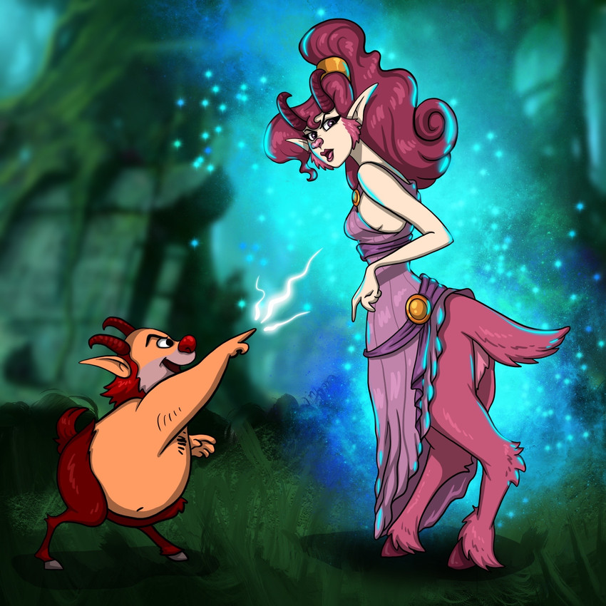 5_fingers alternate_species breasts clothing dress duo female fingers fur grass hair hooves horn magic male naturally_censored navel open_mouth outside pink_body pink_fur pink_hair plant smile standing transformation blacksheeptfs disney disney's_hercules megara philoctetes satyr 1:1 2020 hi_res