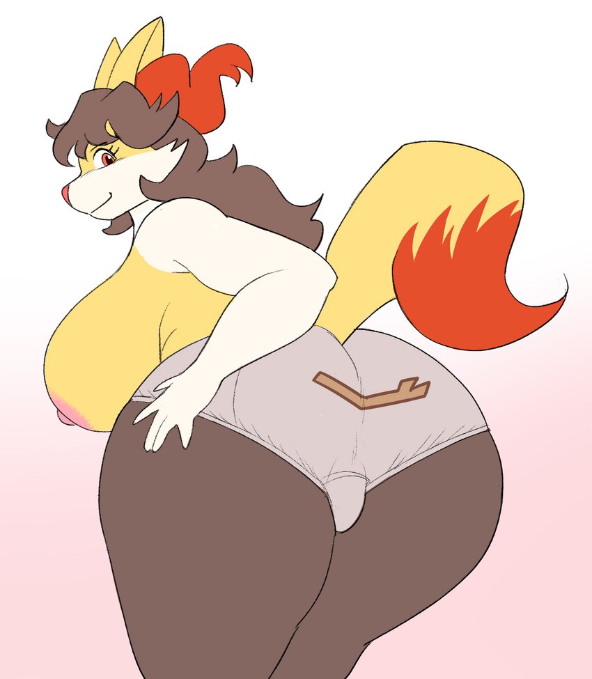 anthro big_breasts big_butt breasts brown_hair butt clothing female hair looking_at_viewer red_eyes solo underwear wide_hips fimif nintendo pokemon velene_(aj_the_flygon) braixen canid generation_6_pokemon mammal pokemon_(species) hi_res