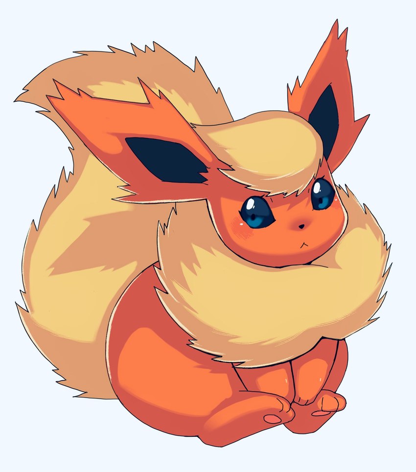 ambiguous_gender blue_eyes feral fluffy fluffy_tail fur head_tuft light_blush neck_tuft orange_body orange_fur pawpads paws simple_background sitting solo tail tuft white_background wide_hipped_feral wide_hips xmu nintendo pokemon eeveelution flareon generation_1_pokemon pokemon_(species) 2021 digital_media_(artwork) hi_res