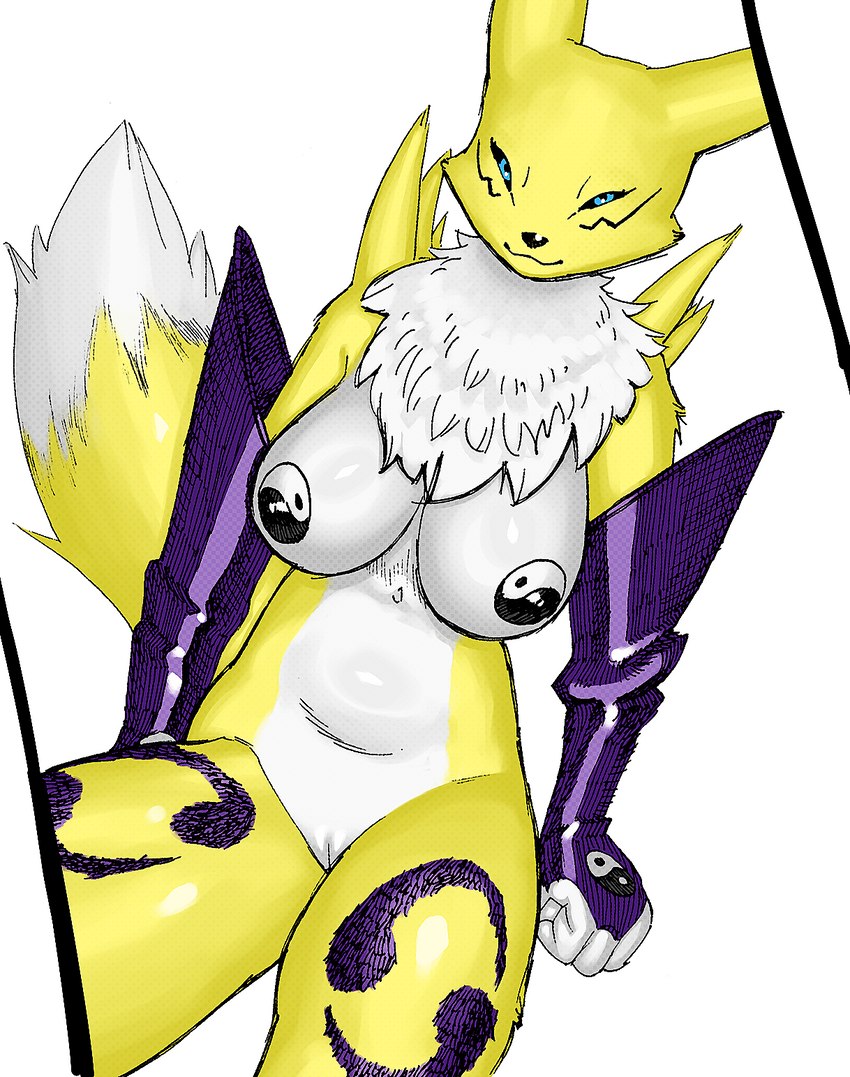 anthro armwear big_breasts biped breasts chest_tuft clothing elbow_gloves facial_markings female genitals gloves handwear head_markings leg_markings looking_at_viewer markings mostly_nude pasties pussy simple_background solo thick_thighs thigh_markings tomoe_(symbol) tuft realius bandai_namco digimon canid digimon_(species) mammal renamon hi_res pen_(artwork) traditional_media_(artwork)