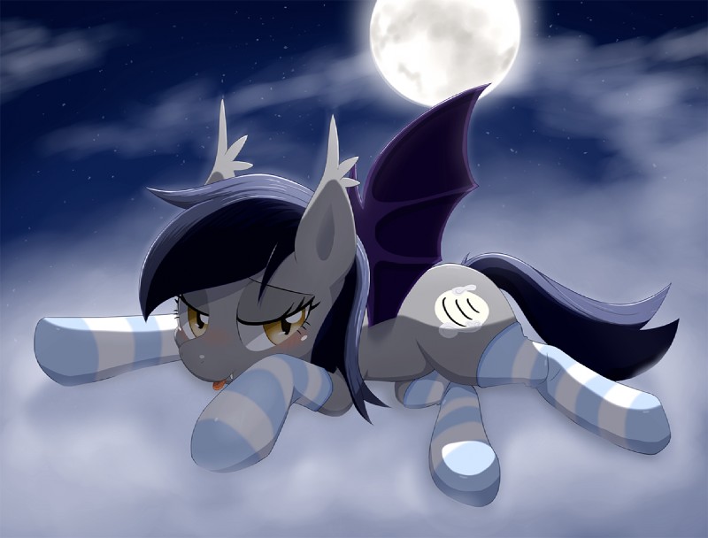 bat_wings bedroom_eyes blush clothing cloud cutie_mark fangs female feral footwear full_moon hair half-closed_eyes legwear looking_at_viewer lying membrane_(anatomy) membranous_wings moon narrowed_eyes night outside seductive sky skyscape smile socks solo spread_legs spreading star stockings teeth tongue tongue_out wings yellow_eyes aymint hasbro my_little_pony echo_(oc) fan_character bat_pony equid equine horse mammal thestral cool_colors