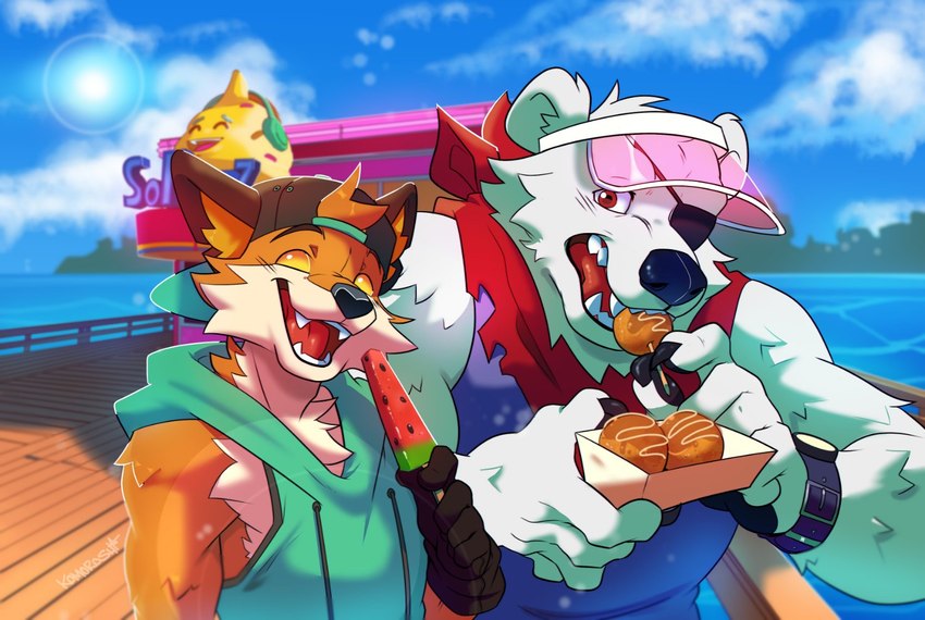 anthro clothed clothing duo eating eye_patch eyewear food hat headgear headwear hoodie male muscular muscular_male sea smile smiling_at_viewer topwear water komoroshi_(artist) epic_games fortnite fennix_(fortnite) polar_patroller bear canid canine fox mammal polar_bear red_fox true_fox ursine