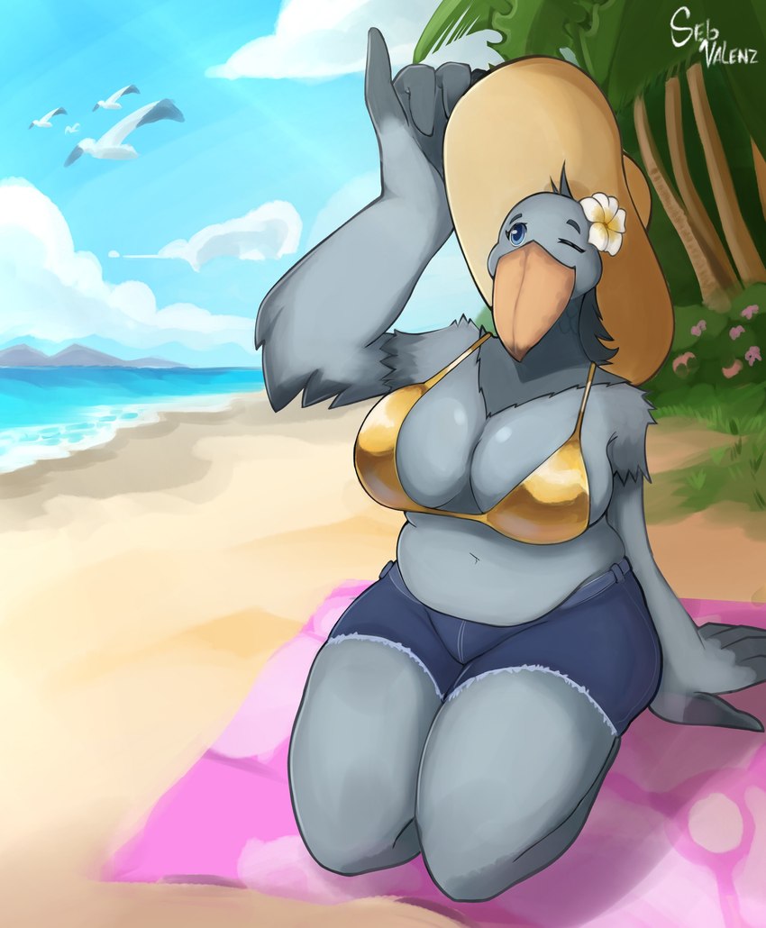 accessory anthro beach beach_towel beak big_beak big_breasts bikini bikini_top blue_clothing blue_eyes bottomwear breasts clothing cloud curvy_figure day denim denim_bottomwear denim_clothing denim_shorts detailed_ambient_creature detailed_background feathers female flower generic_flower gold_clothing grey_body grey_feathers hat head_flower head_tuft headgear headwear looking_at_viewer mature_anthro mature_female one_eye_closed orange_beak plant sea shorts slightly_chubby slightly_chubby_female solo swimwear towel tree tuft two-piece_swimsuit voluptuous voluptuous_anthro voluptuous_female water winged_arms wings wink winking_at_viewer seb_valenz sheila_(seb_valenz) ambient_bird avian bird pelecaniform shoebill absurd_res hi_res