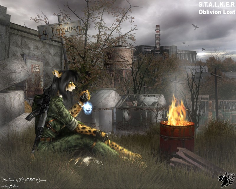 ak-47 ak_platform anthro artifact assault_rifle barrel black_hair black_nose chernobyl cloud detailed_background fire fur grass green_eyes gun hair male markings outside plant ranged_weapon rifle russian sitting sky solo spots spotted_body spotted_fur tail text weapon selker s.t.a.l.k.e.r. selker_ari avian bird cheetah corvid corvus_(genus) crow felid feline mammal oscine passerine 5:4 russian_text translated watermark