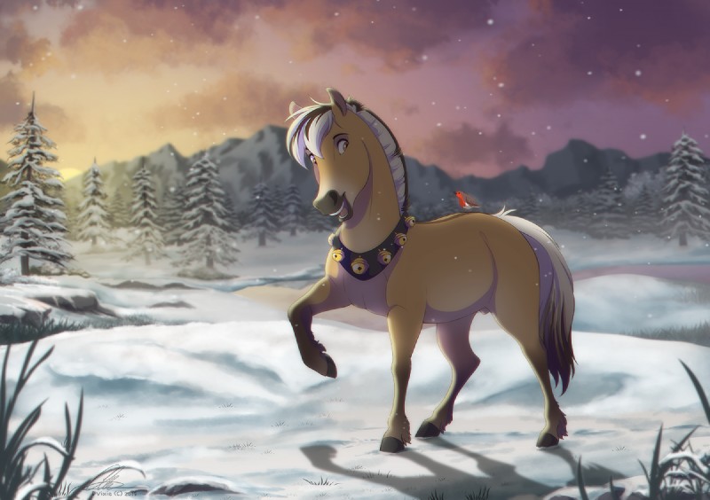 brown_hair detailed_background duo feral grass hair hooves male open_mouth outside plant sky snow teeth tongue twilight dvixie avian bird equid equine horse mammal 2019 digital_media_(artwork)