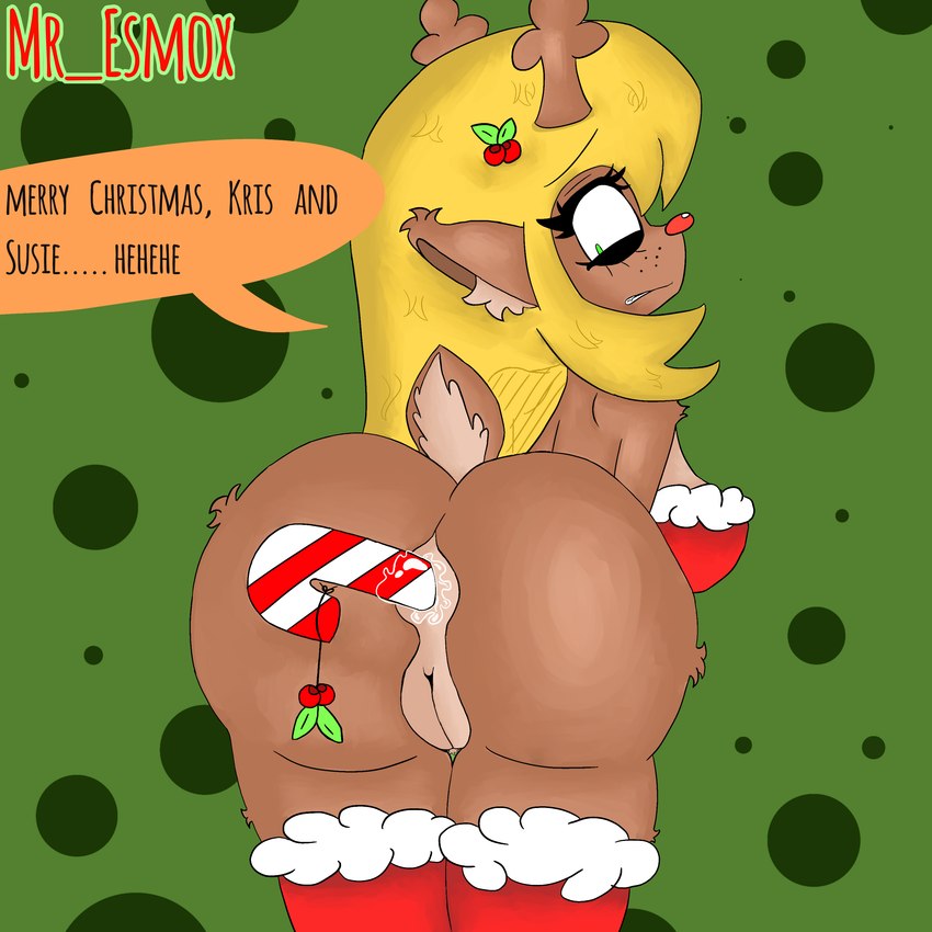 anthro antlers anus breasts brown_body butt candy christmas_clothing clothing dessert embarrased_horny embarrassed female food footwear genitals green_eyes holidays horn masturbation presenting pussy red_nose scut_tail sex_toy short_tail simple_background socks solo speech_bubble surprise tail text toy toying_self mr_esmox christmas deltarune undertale_(series) noelle_holiday deer mammal 1:1 2024 absurd_res digital_media_(artwork) hi_res