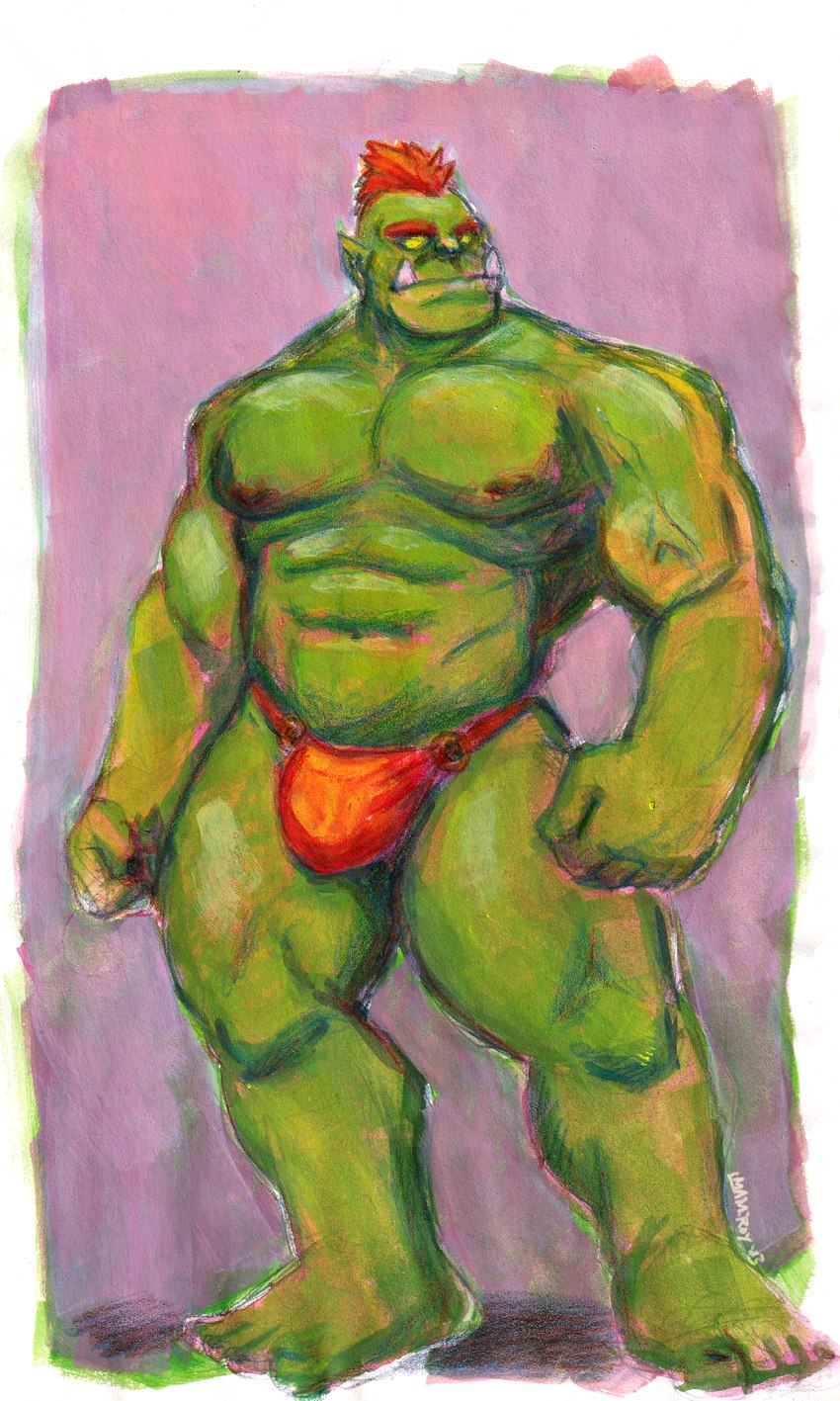 abs bulge clothing green_body green_skin hair male mauve_background muscular nipples no_pupils orange_clothing orange_hair orange_underwear pecs pink_background simple_background solo tusks underwear alexyorim humanoid orc colored_pencil_(artwork) gouache_(artwork) hi_res mixed_media painting_(artwork) restricted_palette traditional_media_(artwork)