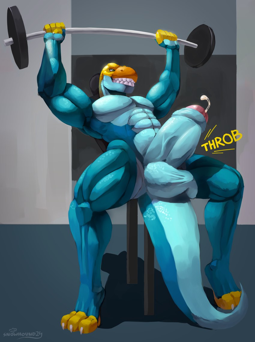 3_toes 5_fingers anthro balls balls_on_tail barbell bench_press big_balls big_penis blue_body blue_scales bodily_fluids clenched_teeth cum erection exercise feet fingers foreskin genital_fluids genitals gym huge_balls huge_penis humanoid_genitalia humanoid_penis male muscular muscular_male non-mammal_balls nude partially_retracted_foreskin pecs penis raised_arm scales simple_background smile solo tail teeth thick_penis toes vein veiny_penis weightlifting workout yellow_body yellow_scales snowhund monroe_lehner collared_lizard common_collared_lizard lizard reptile scalie absurd_res digital_media_(artwork) hi_res