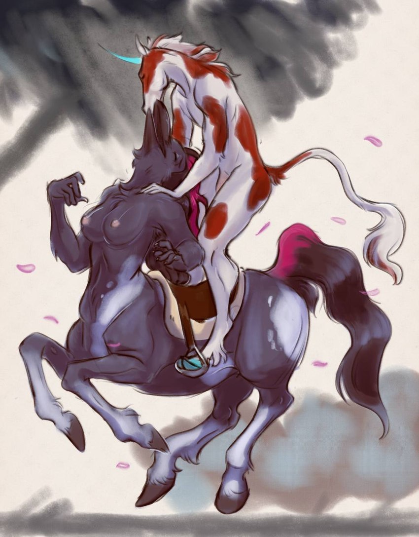 abstract_background anthro breasts duo eyes_closed female genitals hands_on_shoulders horn kissing male male/female nipples nude penis riding saddle faeseiren mythology avery_(faeseiren) rei_(werecrow) avian bird corvid corvus_(genus) crow equid equine horse mammal mythological_creature mythological_equine oscine passerine taur unicorn hi_res