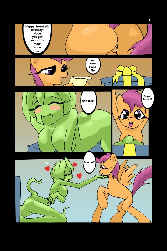 big_breasts breasts butt duo eyelashes female feral slime text nana_gel friendship_is_magic hasbro my_little_pony midori_gel scootaloo_(mlp) equid equine horse mammal pony 2015 2:3 absurd_res comic hi_res