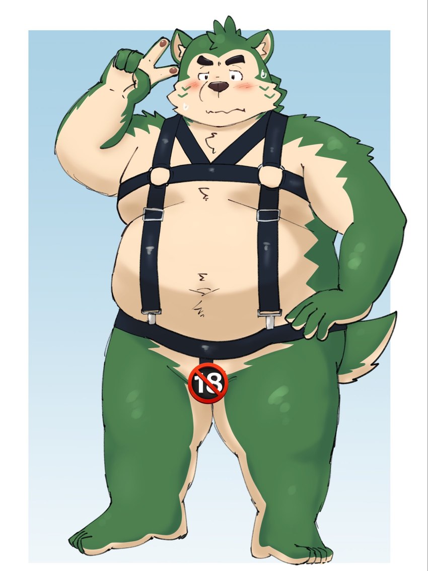 anthro belly blush clothing eyebrows fur genitals green_body green_fur harness humor jockstrap leather male navel overweight overweight_male penis small_penis solo thick_eyebrows underwear yaki_atsuage lifewonders live_a_hero mokdai canid canine canis domestic_dog mammal 3:4 censored hi_res