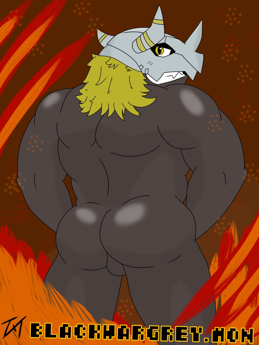 anthro armor balls blonde_hair butt cocky_smile fire genitals grin grinning_at_viewer hair headgear helmet horn horned_helmet male muscular muscular_anthro muscular_male nude nude_male rear_view smile solo yellow_eyes tokerutrash bandai_namco digimon blackwargreymon digimon_(species) 3:4 hi_res