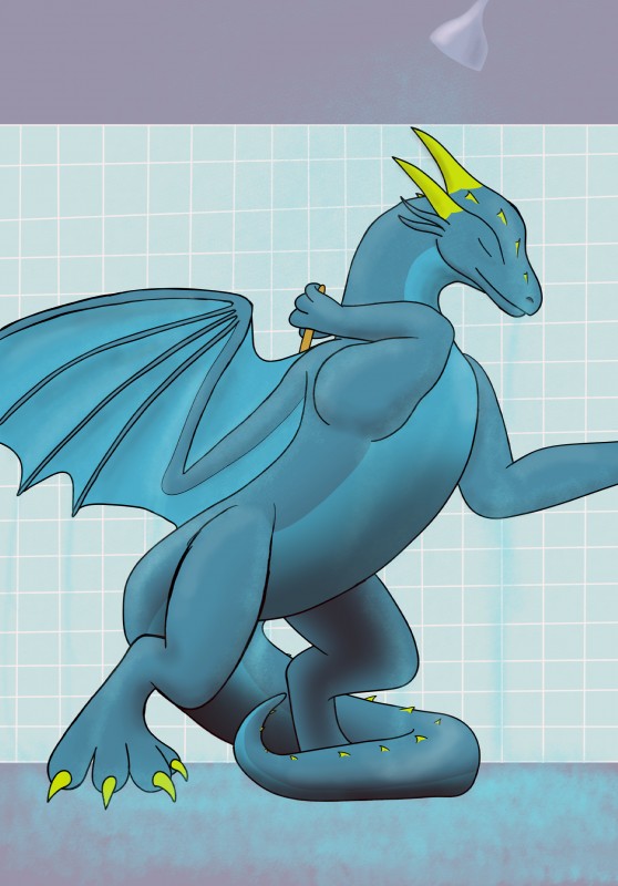 belly blue_body blue_skin claws digitigrade feral horn membrane_(anatomy) membranous_wings on_hind_legs shower solo tail teal_belly thick_tail wings yellow_claws yellow_horn yellow_spikes nystemy_(artist) european_mythology mythology nystemy_(character) dragon mythological_creature mythological_scalie scalie western_dragon 2016 absurd_res hi_res