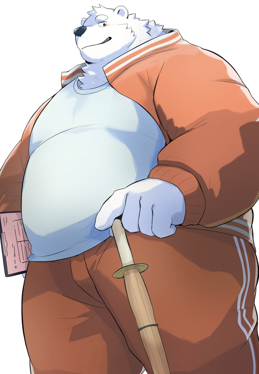 anthro belly big_belly black_nose bottomwear clothing fur humanoid_hands kemono male overweight overweight_anthro overweight_male pants shirt simple_background solo topwear white_background white_body white_fur wooden_sword noctnoc bear mammal polar_bear ursine 2023 absurd_res hi_res