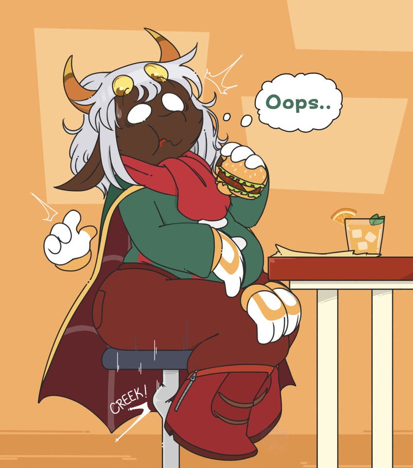 4_eyes 4_fingers 6_hands anthro belly big_butt boots bottomwear brown_body burger butt cape clothing container cup eating eating_food emanata fingers food footwear furniture furniture_damage gloves green_clothing green_shirt green_topwear hair handwear holding_burger holding_food holding_object horn ice ice_cube juice_(beverage) long_ears looking_down male multi_eye multi_hand napkin no_pupils orange_background orange_eyes orange_juice overweight overweight_anthro overweight_male pants red_boots red_bottomwear red_clothing red_footwear red_pants red_scarf scarf shirt shocked shoes side_view simple_background snout solo stool stool_breaking table text thought_bubble topwear unusual_anatomy unusual_eye_placement white_eyes white_hair kittipaws kirby_(series) nintendo taranza arachnid arthropod spider spidr 2026 absurd_res english_text hi_res