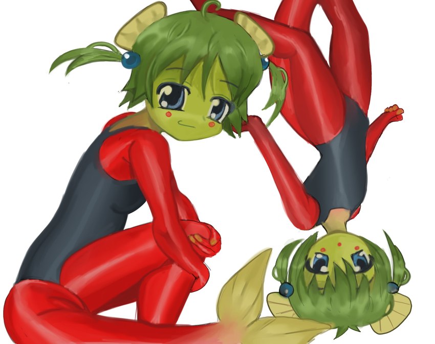 clothing female green_hair hair one-piece_swimsuit pigtails smile solo swimwear young young_female alunka salmon_girl_(alunka) animal_humanoid fish fish_humanoid humanoid marine marine_humanoid salmon salmon_humanoid salmonid_(fish) sockeye_salmon hi_res