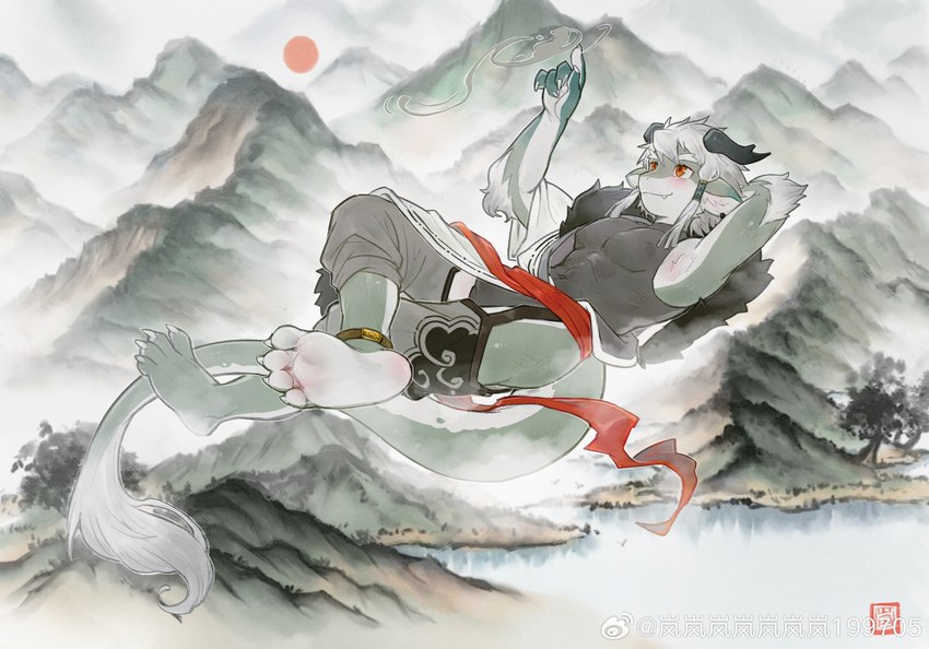 anthro asian_clothing athletic athletic_anthro athletic_male blush bulge claws clothing east_asian_clothing feet flying grey_body hair horn japanese_clothing looking_up lying male mountain solo tail tight_clothing white_hair qftalorz mythology weibo dragon mythological_creature mythological_scalie scalie 2024 hi_res