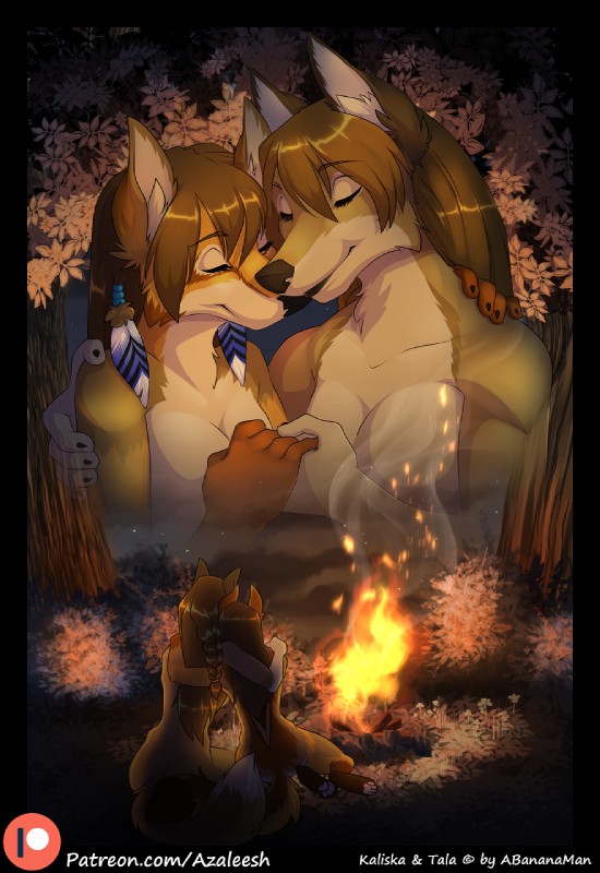 anthro black_nose braided_hair breasts brown_body brown_fur brown_hair brown_nose campfire duo feathers female female/female fur hair hand_holding hug multicolored_body multicolored_fur nature nude nuzzling orange_body orange_fur pawpads plant romantic romantic_ambiance romantic_couple tan_body tan_fur text tree tribal azaleesh kaliska_(abananaman) tala_(abananaman) canid canine canis coyote mammal wolf comic digital_media_(artwork) hi_res url