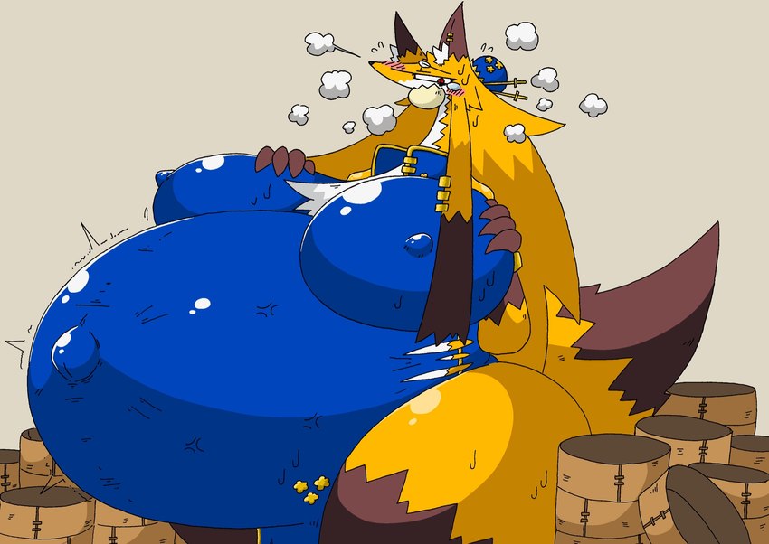 anthro belly belly_inflation big_belly big_breasts big_hair biped blue_clothing bodily_fluids breasts brown_body brown_ears brown_fur brown_hair brown_tail claws clothing ear_markings eating eating_food female food food_in_mouth fur fur_markings hair headgear headwear huge_belly huge_breasts huge_hips huge_thighs hyper hyper_belly hyper_breasts inflation long_hair markings motion_lines multicolored_body multicolored_ears multicolored_fur multicolored_tail navel nipples orange_body orange_ears orange_fur orange_hair outie_navel overweight overweight_anthro overweight_female paws red_eyes smoke solo steam steamed_bun sweat tail tail_markings thick_thighs topwear two_tone_body two_tone_ears two_tone_fur two_tone_tail white_body white_ears white_fur wide_hips hage canid canine fox mammal 2020 hi_res