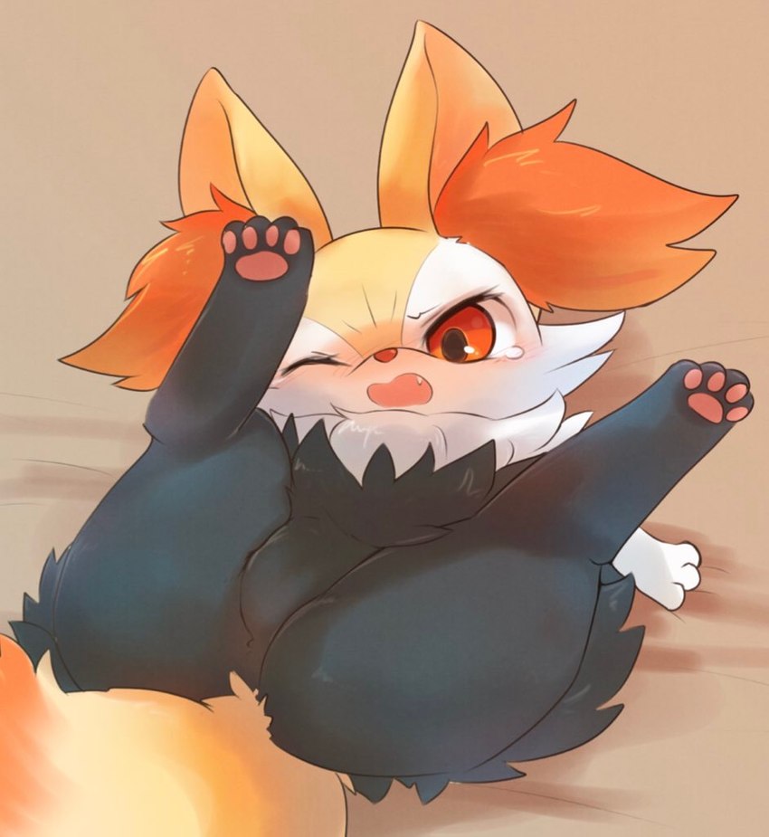 ambiguous_gender anthro black_body black_fur blush bodily_fluids butt cheek_tuft cute_fangs facial_tuft fangs fur inner_ear_fluff kemono lying neck_tuft on_back one_eye_closed open_mouth pawpads paws pink_pawpads red_body red_eyes red_fur solo spread_legs spreading tail tears teeth tuft white_body white_fur yellow_body yellow_ears yellow_fur young young_anthro rag._(artist) nintendo pokemon braixen generation_6_pokemon mammal pokemon_(species)