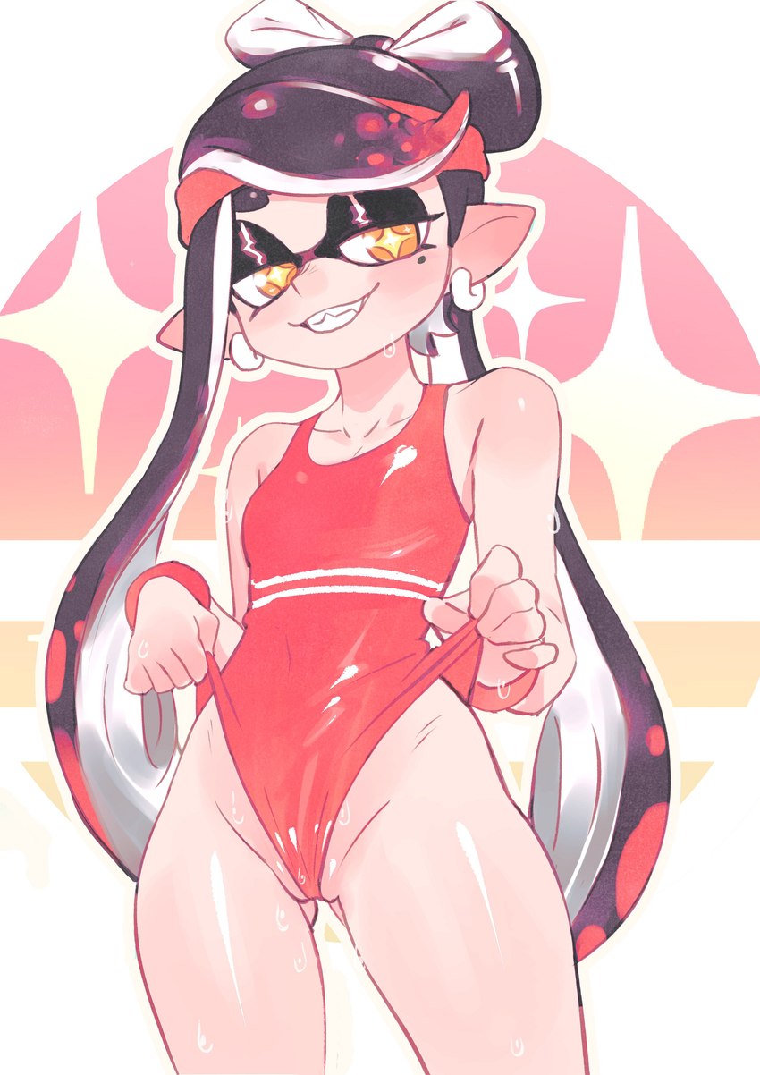 black_hair blush clothed clothing ear_piercing ear_ring female genitals hair humanoid_pointy_ears piercing pointy_ears pseudo_hair pussy pussy_floss ring_piercing smile solo tentacle_hair tentacles wedgie colo nintendo splatoon callie_(splatoon) cephalopod humanoid inkling marine mollusk 2024 absurd_res hi_res