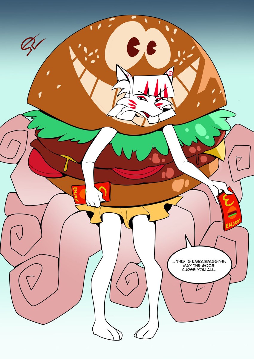 anthro burger burger_costume clothed clothing costume dialogue female food food_costume gradient_background looking_at_viewer simple_background solo standing talking_to_viewer text alvh-omega naoko_(alvh-omega) canid canine fox mammal english_text hi_res