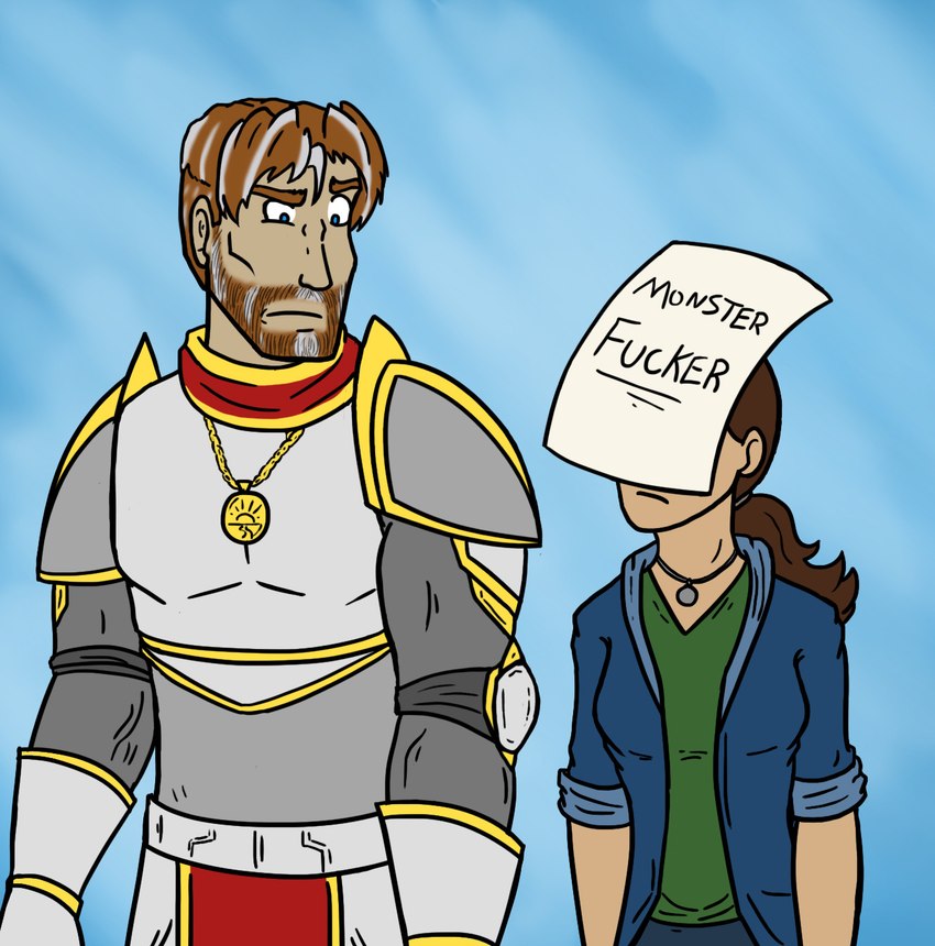 armor brown_hair duo facial_hair female frown hair human_only jewelry knight male medallion necklace not_furry paladin ponytail shaming sign simple_background size_difference teratophilia text warrior ichiwashername human mammal english_text hi_res