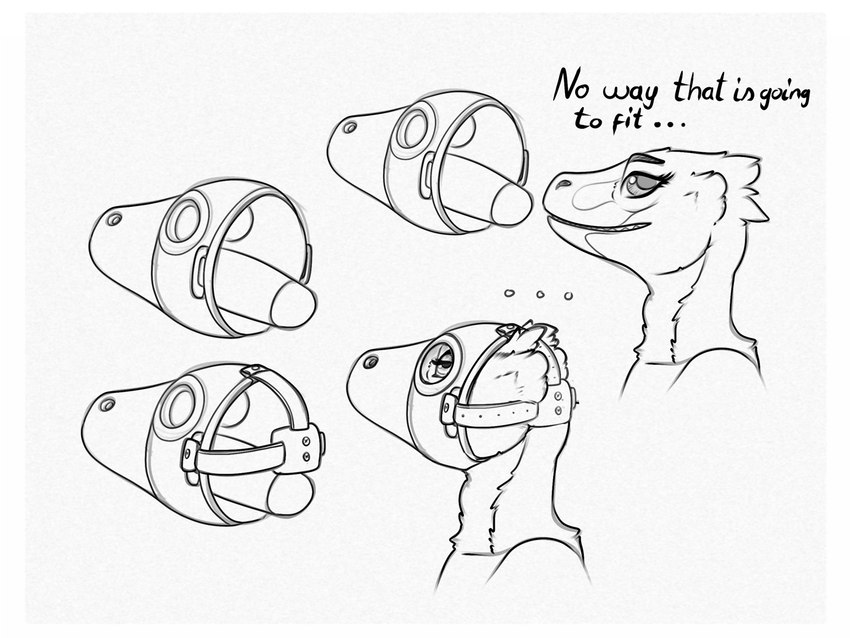 ambiguous_gender big_dildo border cock_gag contraption_concept dildo dildo_mask gag imminent_gag sex_toy skeptical solo white_border adeer dinosaur dromaeosaurid prehistoric_species reptile scalie theropod 4:3 monochrome sketch