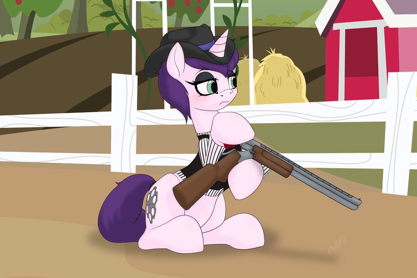 clothing farm female gun horn ranged_weapon shotgun solo weapon miniferu hasbro my_little_pony mythology equid equine mammal mythological_creature mythological_equine unicorn 3:2