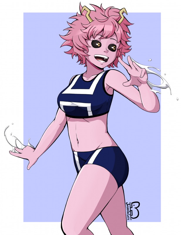 5_fingers black_sclera breasts clothed clothing eyelashes female fingers hair horn midriff navel not_furry open_mouth pink_body pink_hair simple_background solo teeth juliantheturtle my_hero_academia ashido_mina humanoid absurd_res hi_res