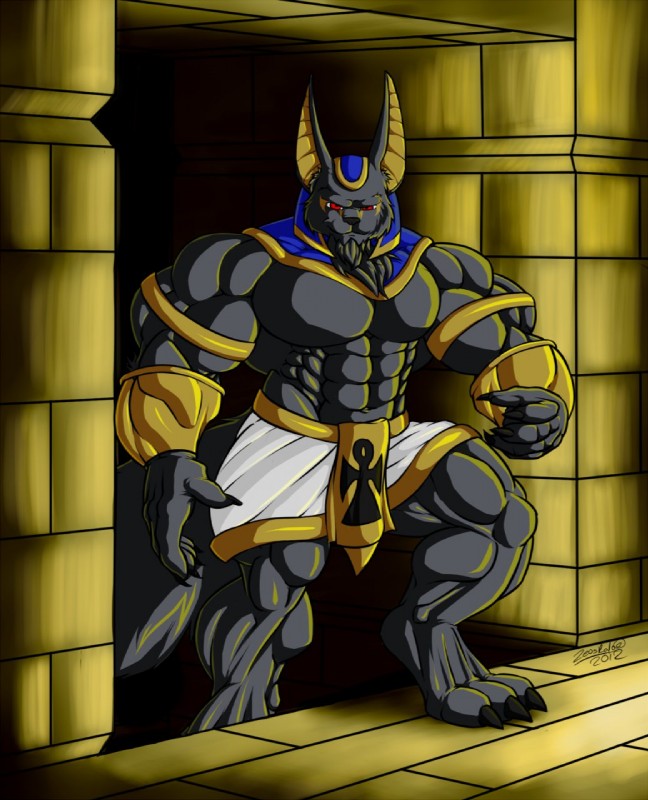 abs anthro biceps biped black_body black_fur claws clothed clothing facial_hair fur goatee male muscular muscular_anthro muscular_male pecs pose red_eyes solo standing toe_claws topless zeusralo egyptian_mythology middle_eastern_mythology mythology anubis anubian_jackal canid canine canis deity jackal mammal 2012 hi_res