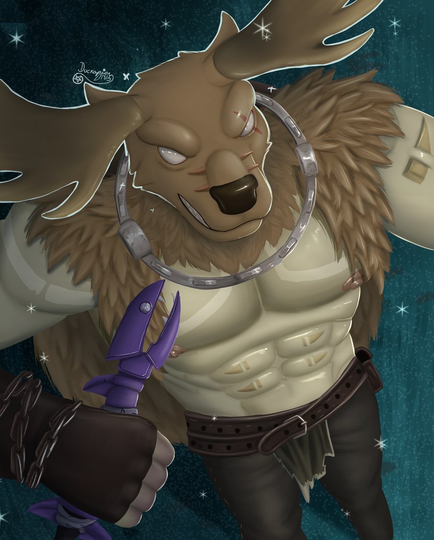 anthro bear_trap belt bottomwear brown_body brown_bottomwear brown_clothing brown_fur brown_pants chain clothing forest fur fur_cloak male muscular muscular_male nipples pants pecs plant shirtless solo trap_(contrivance) tree weapon white_body duckaphion european_mythology greek_mythology identity_v mythology bane_(identity_v) bovid bovine canid canine canis deer domestic_dog mammal minotaur absurd_res hi_res