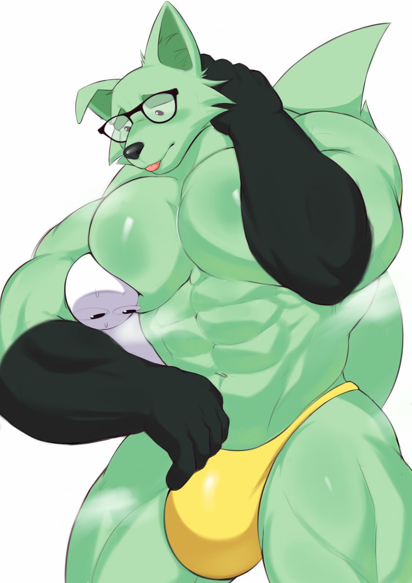 abs anthro barazoku biceps big_muscles big_pecs biped bodily_fluids bottomwear bulge clothed clothing duo eyewear fur glasses green_body green_fur huge_pecs male male/male mostly_nude muscular muscular_anthro muscular_male musk musk_clouds navel pecs quads simple_background sweat sweatdrop thick_thighs topless triceps underwear wide_hips doggonut mint_mobile minty_(mint_mobile) canid canine fox mammal 2023 digital_media_(artwork) hi_res