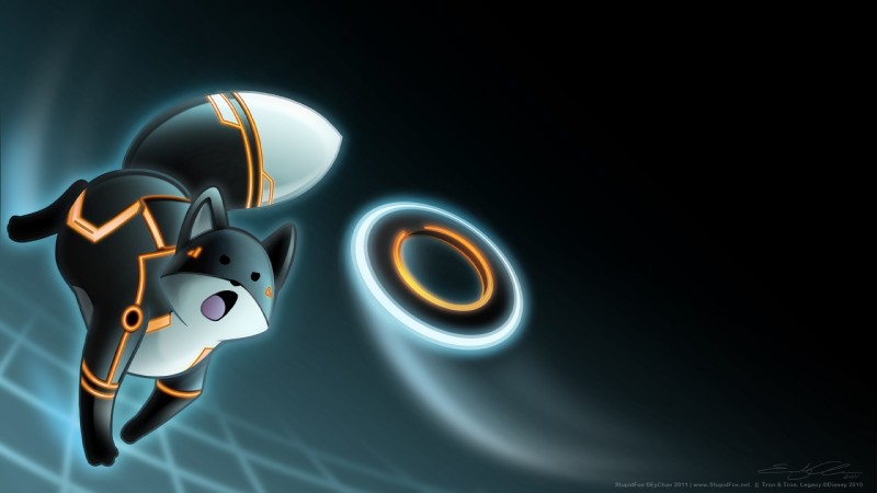 ambiguous_gender computer electronics feral humor identity_disc open_mouth parody quadruped solo tail text the_grid tongue weapon emily_chan disney tron stupidfox canid canine fox mammal 16:9 english_text hi_res url wallpaper widescreen