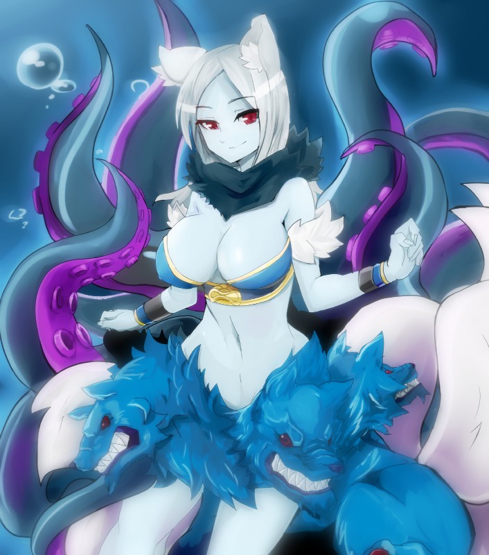 4_heads armor bracers breasts bubble clothed clothing female hair long_hair midriff monster_girl_(genre) multi_head multi_tail navel red_eyes smile snarling solo tail tentacles underwater water white_hair konozawa european_mythology greek_mythology mythology shinrabanshou scyllei animal_humanoid canid canid_demon canid_humanoid canine canine_humanoid canis cerberus demon hellhound humanoid mammal mammal_humanoid monster mythological_canine mythological_creature scylla tentacle_creature wolf wolf_humanoid hi_res