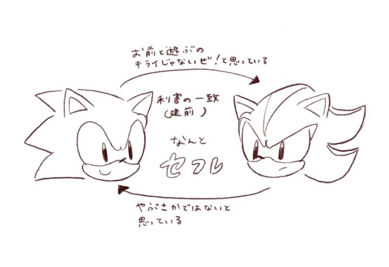 anthro directional_arrow duo frown male smile text buke3jp sega sonic_the_hedgehog_(series) shadow_the_hedgehog sonic_the_hedgehog eulipotyphlan hedgehog mammal headshot_portrait japanese_text monochrome portrait sketch translation_request