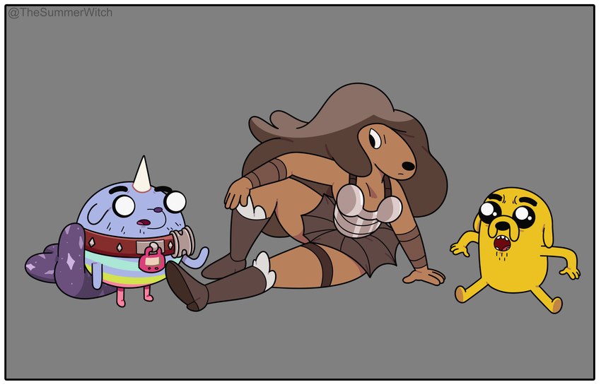 anthro armband armor boots border bottomwear brown_body brown_hair cape clothing collar featureless_feet featureless_hands feet female footwear grey_background group hair horn male multicolored_body shoes simple_background sitting sitting_on_ground skirt stubble trio yellow_body thesummerwitch adventure_time cartoon_network jermaine_the_dog samantha_(adventure_time) t.v._(adventure_time) canid canine canis domestic_dog hybrid mammal rainicorn absurd_res hi_res nephew_(lore) uncle_(lore) uncle_and_nephew_(lore)