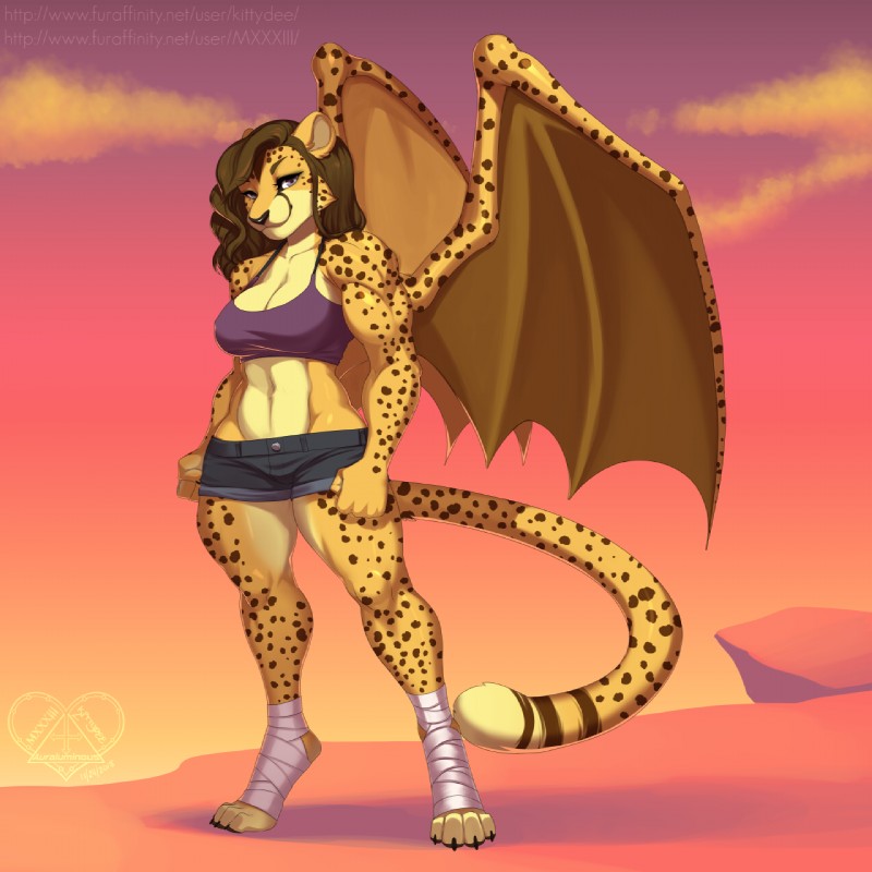 anthro athletic bandage breasts brown_hair clothed clothing countershading female hair looking_at_viewer midriff muscular muscular_anthro muscular_female navel shirt solo standing tank_top topwear wings kittydee xilimyth cheetah felid feline hybrid mammal 1:1 digital_media_(artwork) hi_res shaded