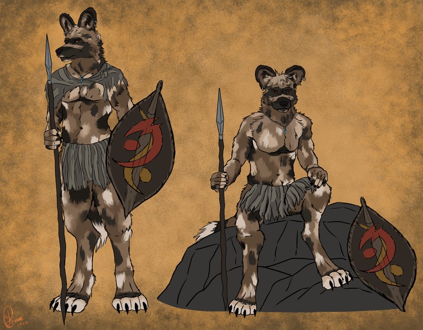 anthro crystal digitigrade fur_spots jewelry male melee_weapon necklace polearm rock shield simple_background simple_clothing sitting solo spear spiky_fur standing warrior weapon yenocwolf secrets_of_uncrom uncrom bodak_(uncrom) african_wild_dog canid canine mammal absurd_res concept_art hi_res